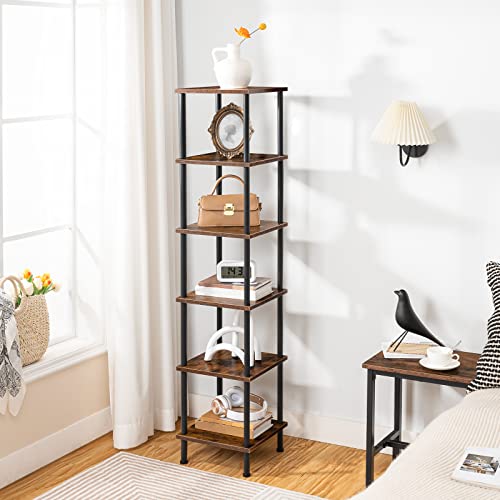 HOOBRO Regal, Bücherregal mit 6 Ebenen, schmales Eckregal, Standregal, Industrial Regal, Lagerregal, Büroregal, offene Ablagen für Wohnzimmer, Schlafzimmer, Balkon, Küche, Vintagebraun EBF55CJ01