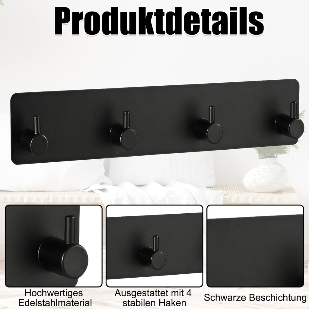 Schlüsselhalter Wand Schwarz, Metall Schlüsselbrett mit 4 Haken & 3M Klebstoff, Schlüsselhaken Selbstklebend, Klein Schlüsselaufhänger Organizer für Küche Schlafzimmer Wohnzimmer Badezimmer