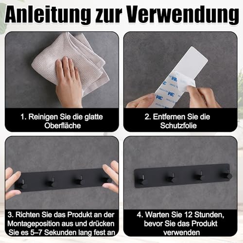 Schlüsselhalter Wand Schwarz, Metall Schlüsselbrett mit 4 Haken & 3M Klebstoff, Schlüsselhaken Selbstklebend, Klein Schlüsselaufhänger Organizer für Küche Schlafzimmer Wohnzimmer Badezimmer