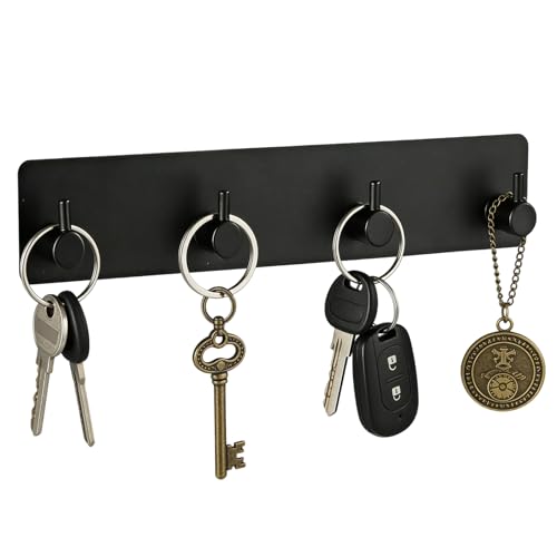 Schlüsselhalter Wand Schwarz, Metall Schlüsselbrett mit 4 Haken & 3M Klebstoff, Schlüsselhaken Selbstklebend, Klein Schlüsselaufhänger Organizer für Küche Schlafzimmer Wohnzimmer Badezimmer