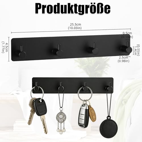 Schlüsselhalter Wand Schwarz, Metall Schlüsselbrett mit 4 Haken & 3M Klebstoff, Schlüsselhaken Selbstklebend, Klein Schlüsselaufhänger Organizer für Küche Schlafzimmer Wohnzimmer Badezimmer