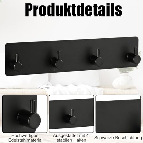 Schlüsselhalter Wand Schwarz, Metall Schlüsselbrett mit 4 Haken & 3M Klebstoff, Schlüsselhaken Selbstklebend, Klein Schlüsselaufhänger Organizer für Küche Schlafzimmer Wohnzimmer Badezimmer