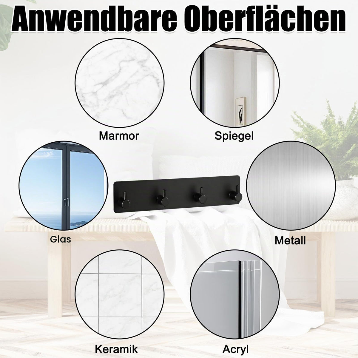 Schlüsselhalter Wand Schwarz, Metall Schlüsselbrett mit 4 Haken & 3M Klebstoff, Schlüsselhaken Selbstklebend, Klein Schlüsselaufhänger Organizer für Küche Schlafzimmer Wohnzimmer Badezimmer