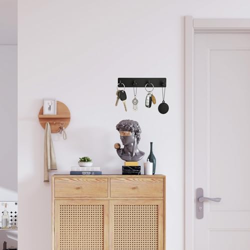 Schlüsselhalter Wand Schwarz, Metall Schlüsselbrett mit 4 Haken & 3M Klebstoff, Schlüsselhaken Selbstklebend, Klein Schlüsselaufhänger Organizer für Küche Schlafzimmer Wohnzimmer Badezimmer