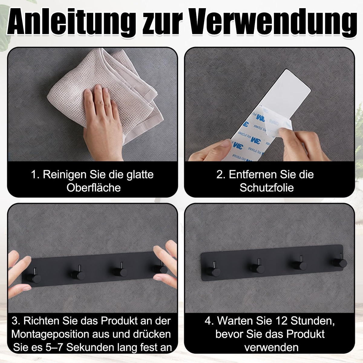 Schlüsselhalter Wand Schwarz, Metall Schlüsselbrett mit 4 Haken & 3M Klebstoff, Schlüsselhaken Selbstklebend, Klein Schlüsselaufhänger Organizer für Küche Schlafzimmer Wohnzimmer Badezimmer