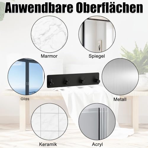 Schlüsselhalter Wand Schwarz, Metall Schlüsselbrett mit 4 Haken & 3M Klebstoff, Schlüsselhaken Selbstklebend, Klein Schlüsselaufhänger Organizer für Küche Schlafzimmer Wohnzimmer Badezimmer