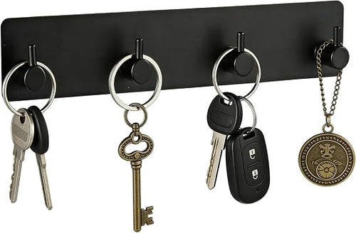 Schlüsselhalter Wand Schwarz, Metall Schlüsselbrett mit 4 Haken & 3M Klebstoff, Schlüsselhaken Selbstklebend, Klein Schlüsselaufhänger Organizer für Küche Schlafzimmer Wohnzimmer Badezimmer