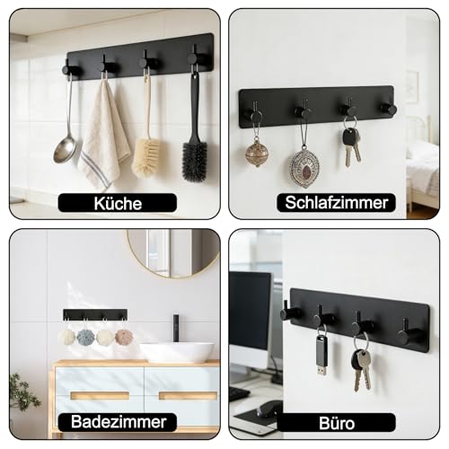 Schlüsselhalter Wand Schwarz, Metall Schlüsselbrett mit 4 Haken & 3M Klebstoff, Schlüsselhaken Selbstklebend, Klein Schlüsselaufhänger Organizer für Küche Schlafzimmer Wohnzimmer Badezimmer