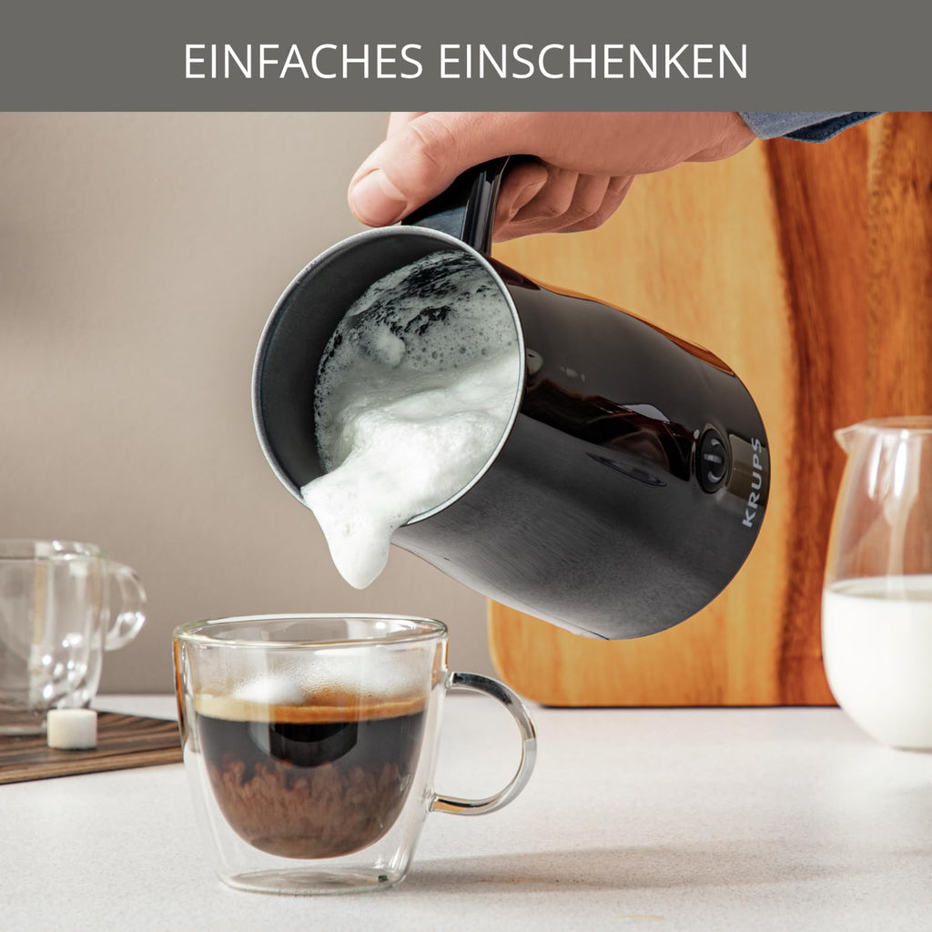 Krups elektrischer Milchaufschäumer, bis zu 150 ml Aufschäumkapazität, Bedienung auf Knopfdruck, einfache Reinigung dank Antihaftbeschichtung, automatische Abschaltung, Milchschäumer, Schwarz, XL1008