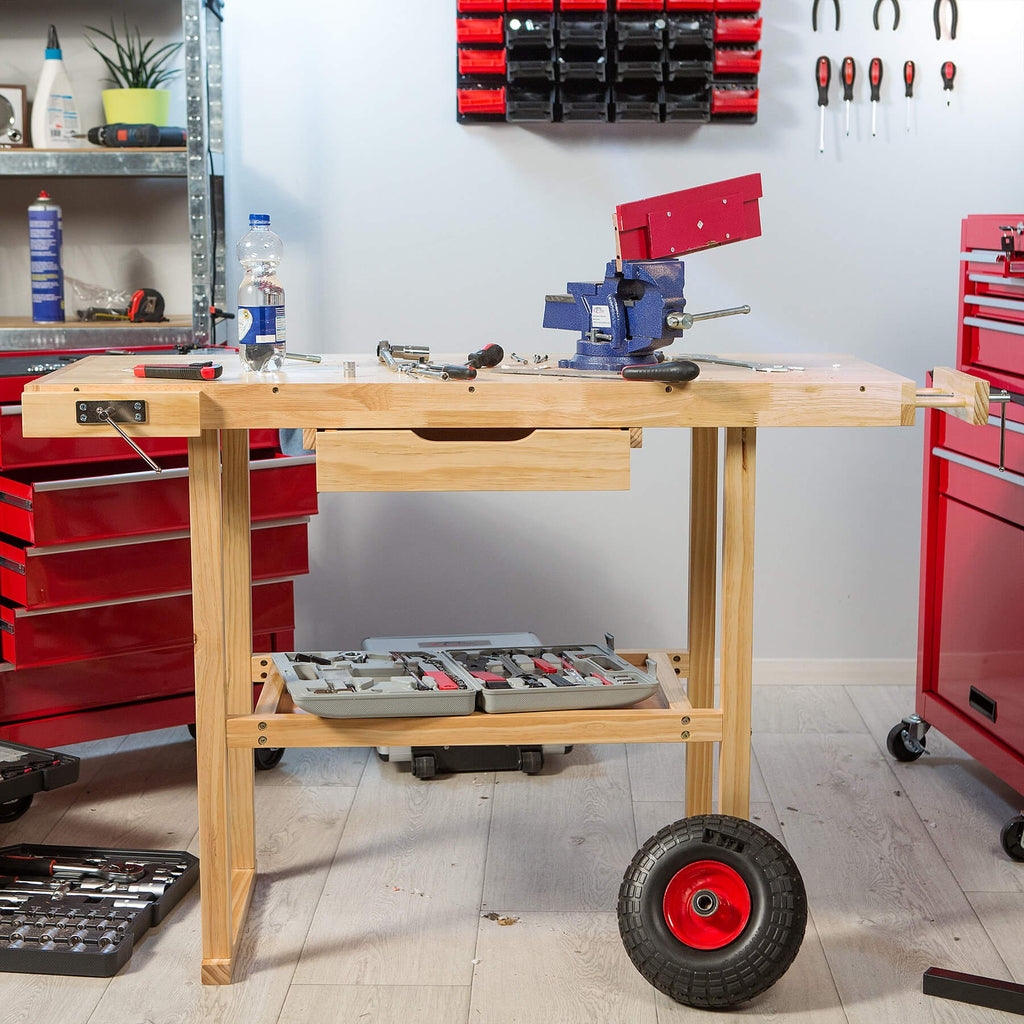tectake® Werkbank Holz, Werkbank mit Schraubstock, Hobelbank, Arbeitstisch für Werkstatt, Arbeitstisch Werkstatt, Tischler Werkzeug, Werktisch - L
