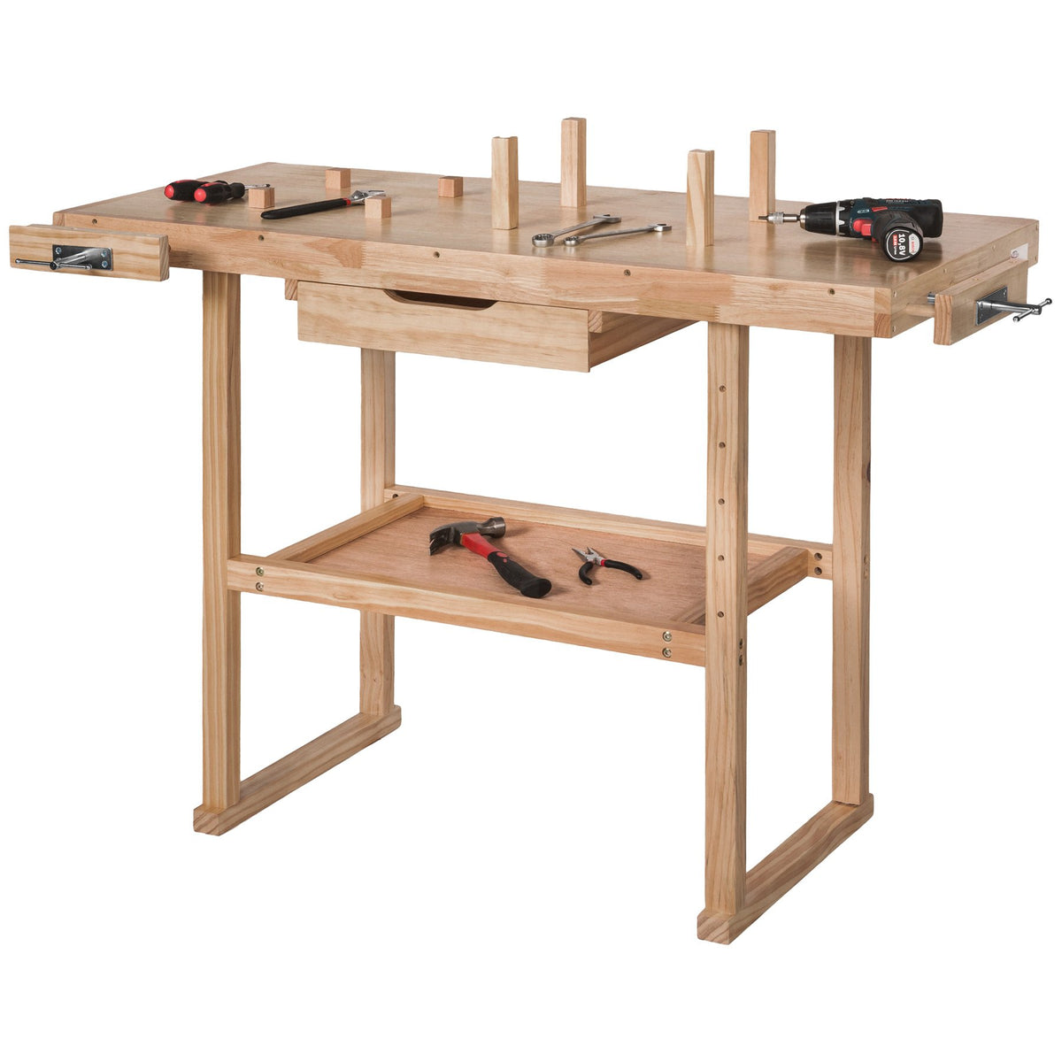 tectake® Werkbank Holz, Werkbank mit Schraubstock, Hobelbank, Arbeitstisch für Werkstatt, Arbeitstisch Werkstatt, Tischler Werkzeug, Werktisch - L