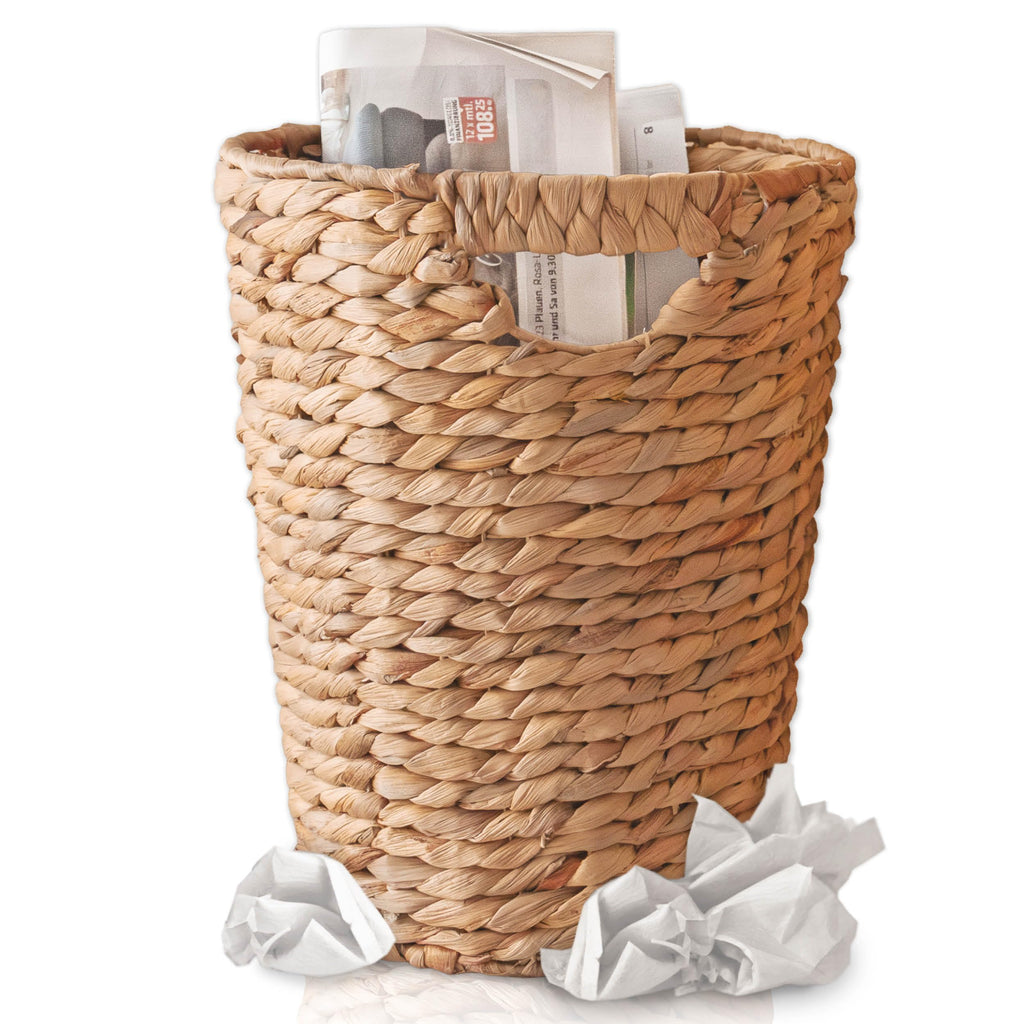 FRIHET Papierkorb geflochten aus Wasserhyazinthe mit Henkel | Aufbewahrungskorb – vielseitig einsetzbar | Mülleimer aus natürlichen Materialien | Ø 24 cm oben, 18 cm unten, H 33 cm