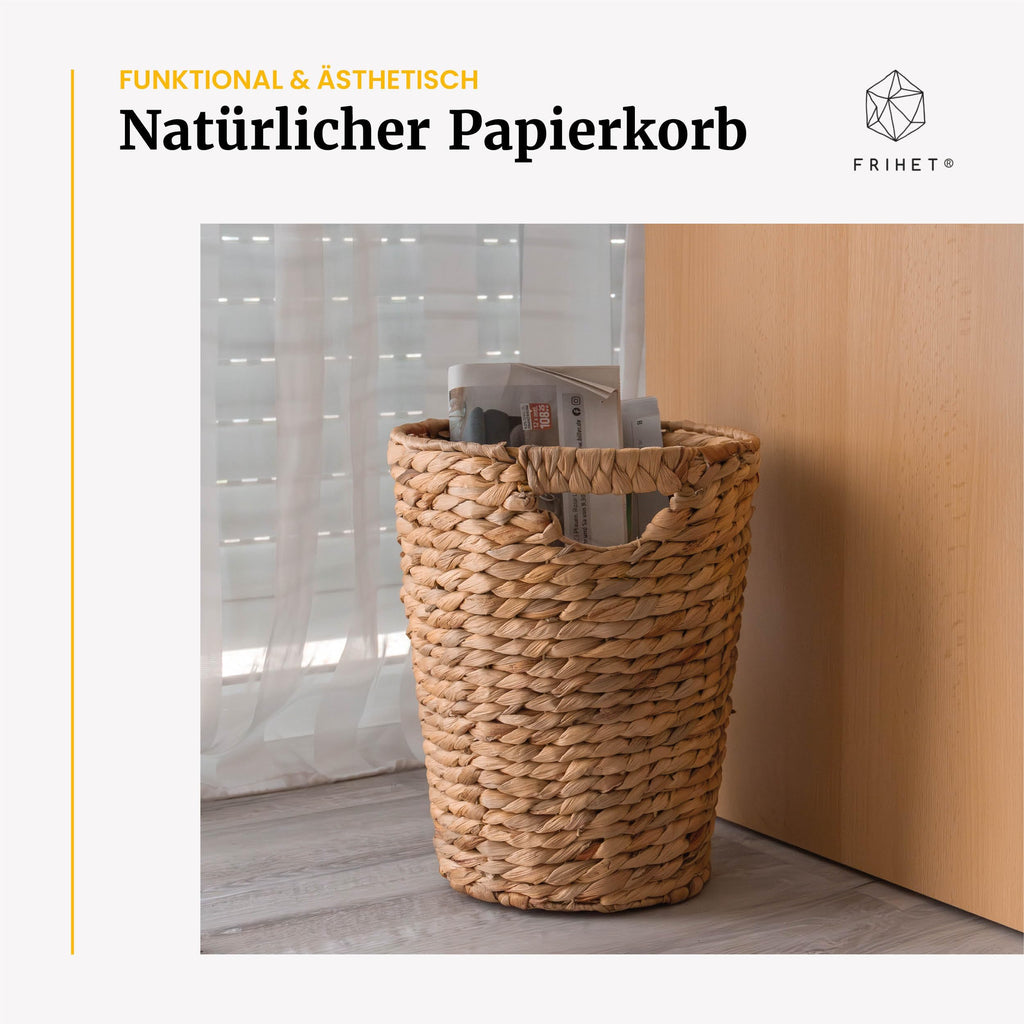 FRIHET Papierkorb geflochten aus Wasserhyazinthe mit Henkel | Aufbewahrungskorb – vielseitig einsetzbar | Mülleimer aus natürlichen Materialien | Ø 24 cm oben, 18 cm unten, H 33 cm