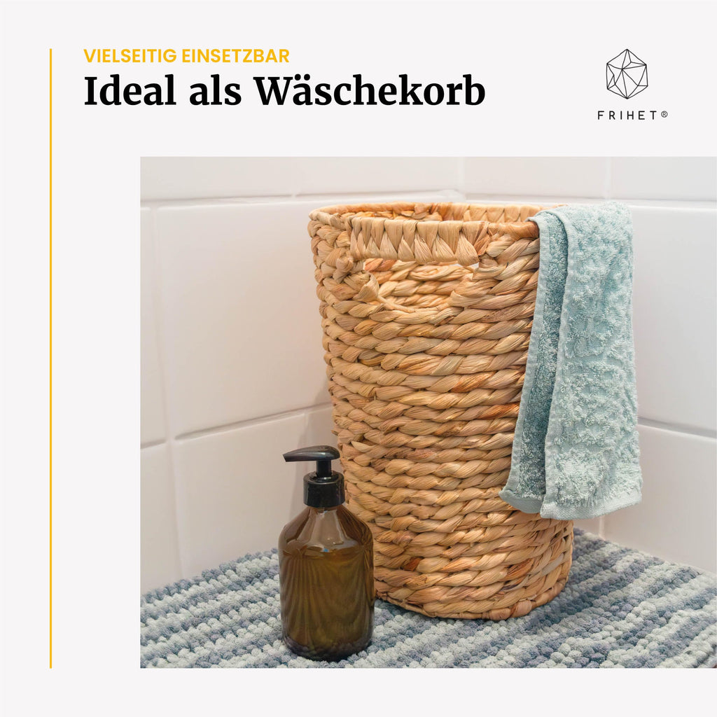 FRIHET Papierkorb geflochten aus Wasserhyazinthe mit Henkel | Aufbewahrungskorb – vielseitig einsetzbar | Mülleimer aus natürlichen Materialien | Ø 24 cm oben, 18 cm unten, H 33 cm