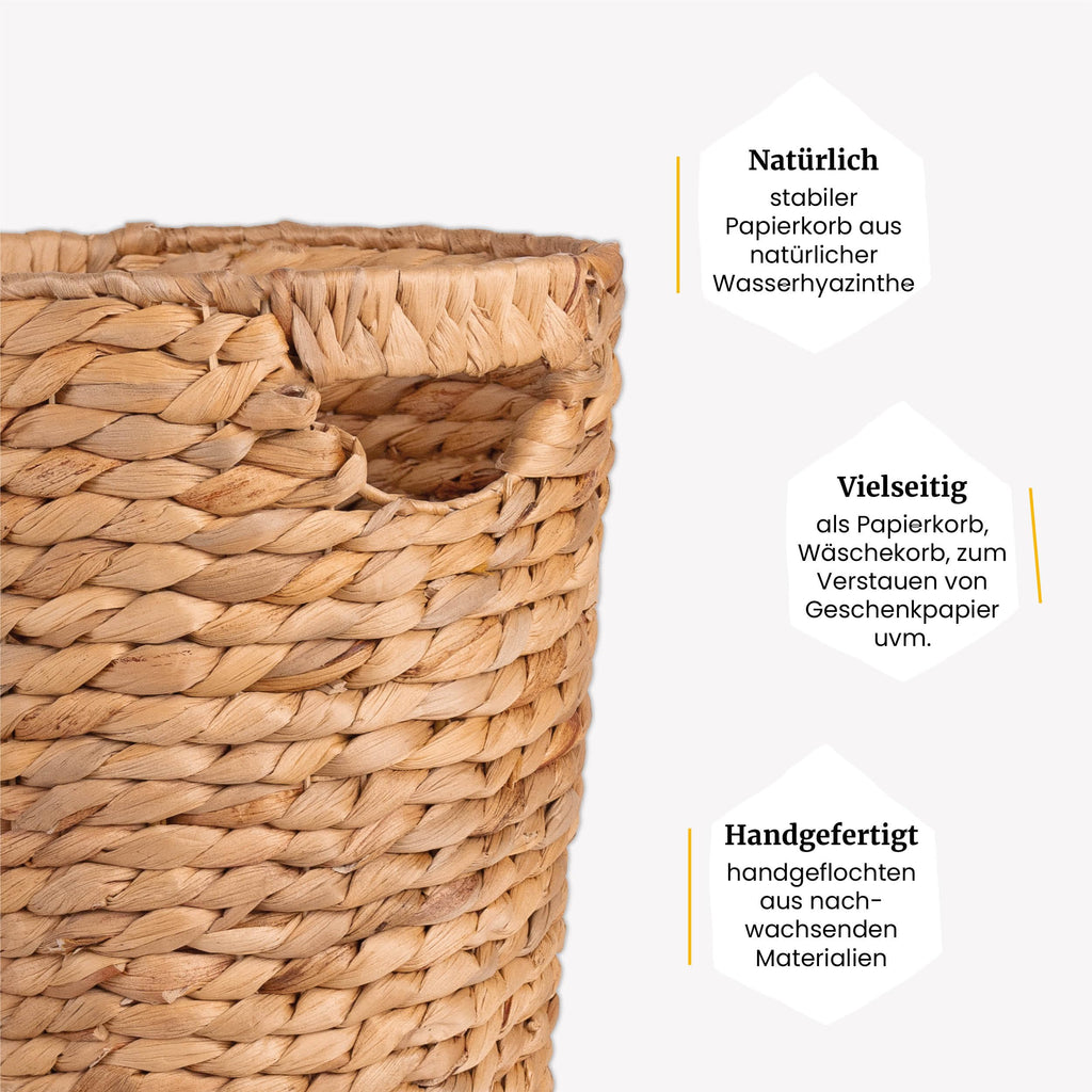 FRIHET Papierkorb geflochten aus Wasserhyazinthe mit Henkel | Aufbewahrungskorb – vielseitig einsetzbar | Mülleimer aus natürlichen Materialien | Ø 24 cm oben, 18 cm unten, H 33 cm