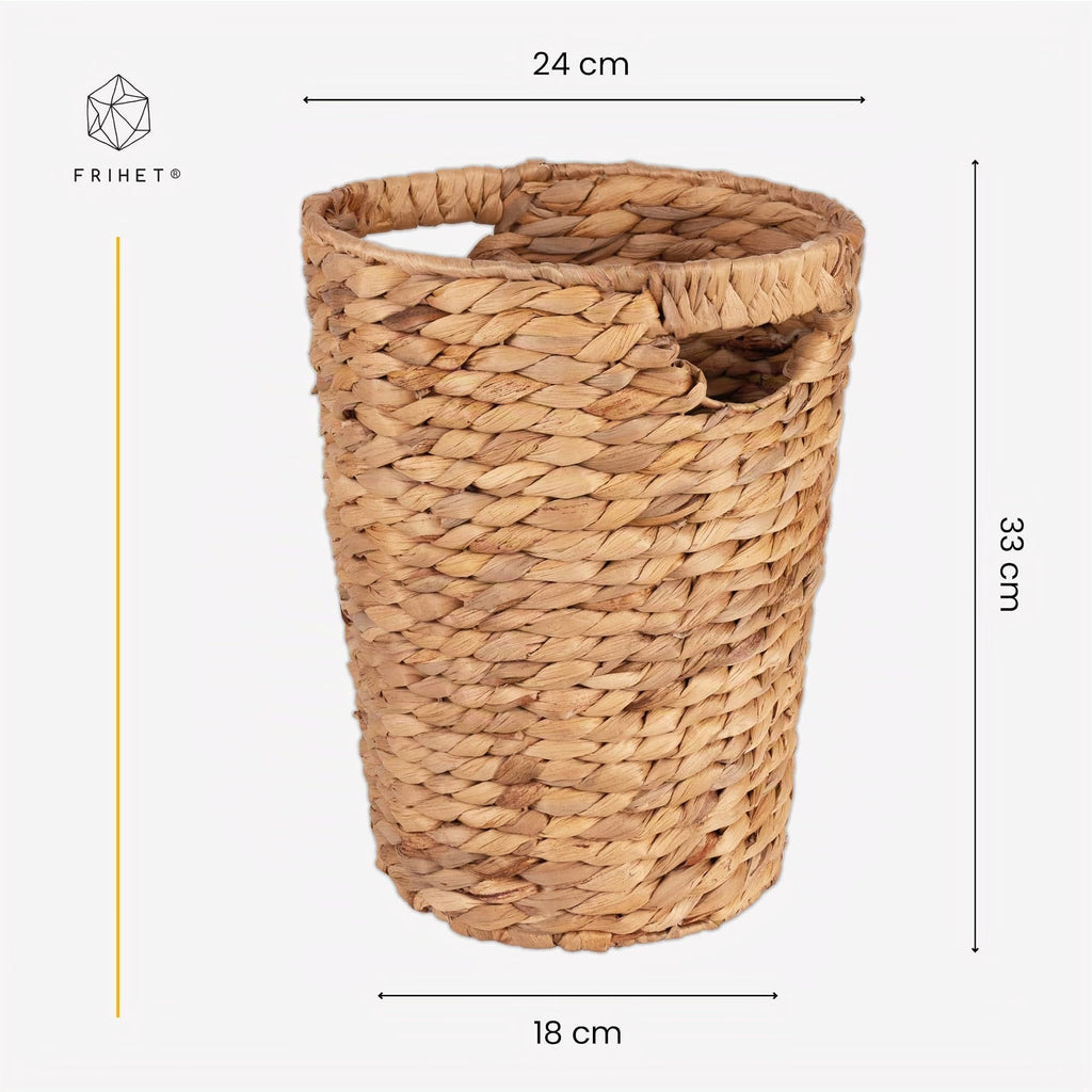 FRIHET Papierkorb geflochten aus Wasserhyazinthe mit Henkel | Aufbewahrungskorb – vielseitig einsetzbar | Mülleimer aus natürlichen Materialien | Ø 24 cm oben, 18 cm unten, H 33 cm