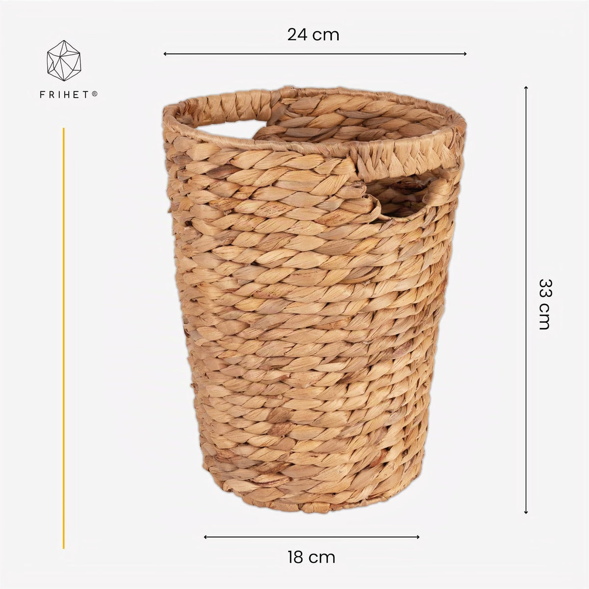 FRIHET Papierkorb geflochten aus Wasserhyazinthe mit Henkel | Aufbewahrungskorb – vielseitig einsetzbar | Mülleimer aus natürlichen Materialien | Ø 24 cm oben, 18 cm unten, H 33 cm