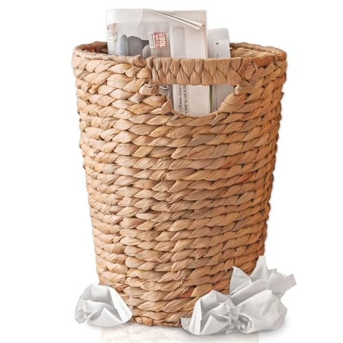 FRIHET Papierkorb geflochten aus Wasserhyazinthe mit Henkel | Aufbewahrungskorb – vielseitig einsetzbar | Mülleimer aus natürlichen Materialien | Ø 24 cm oben, 18 cm unten, H 33 cm