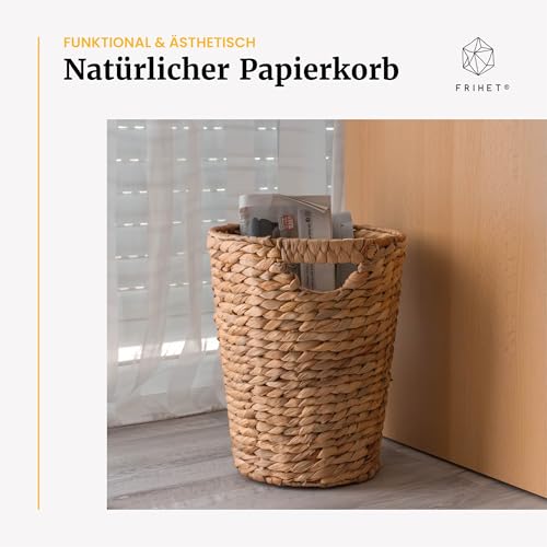 FRIHET Papierkorb geflochten aus Wasserhyazinthe mit Henkel | Aufbewahrungskorb – vielseitig einsetzbar | Mülleimer aus natürlichen Materialien | Ø 24 cm oben, 18 cm unten, H 33 cm
