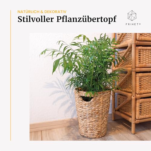 FRIHET Papierkorb geflochten aus Wasserhyazinthe mit Henkel | Aufbewahrungskorb – vielseitig einsetzbar | Mülleimer aus natürlichen Materialien | Ø 24 cm oben, 18 cm unten, H 33 cm