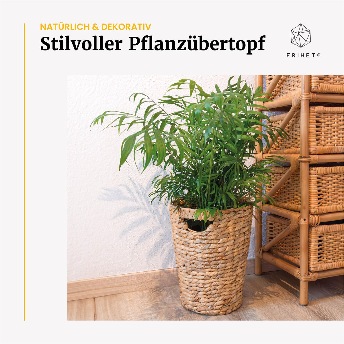 FRIHET Papierkorb geflochten aus Wasserhyazinthe mit Henkel | Aufbewahrungskorb – vielseitig einsetzbar | Mülleimer aus natürlichen Materialien | Ø 24 cm oben, 18 cm unten, H 33 cm
