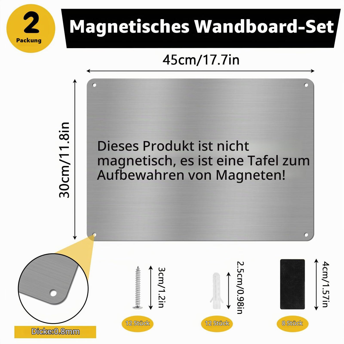 2 Stück Magnettafel Magnetboard, 42 x 30 cm Edelstahl Magnettafel für Küche