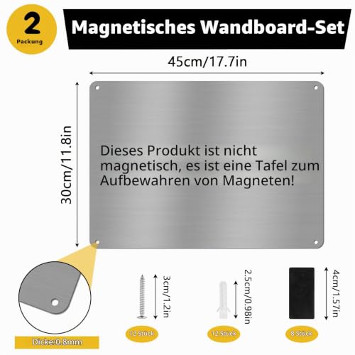 2 Stück Magnettafel Magnetboard, 42 x 30 cm Edelstahl Magnettafel für Küche