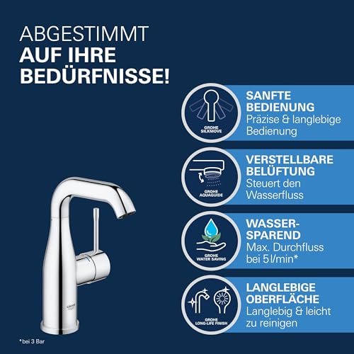 GROHE Essence, Waschtischarmatur, wassersparend (Wasserhahn für das Bad, 19cm hoch, Badarmatur mit langlebiger Oberfläche, einfache Installation am Waschbecken), chrom, 23463001