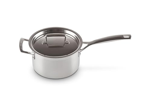 Le Creuset Stielkasserolle mit Deckel aus 3-ply Edelstahl, Ø 18 cm, Für alle Herdarten inkl. Induktion geeignet, Silber, 96200918001000