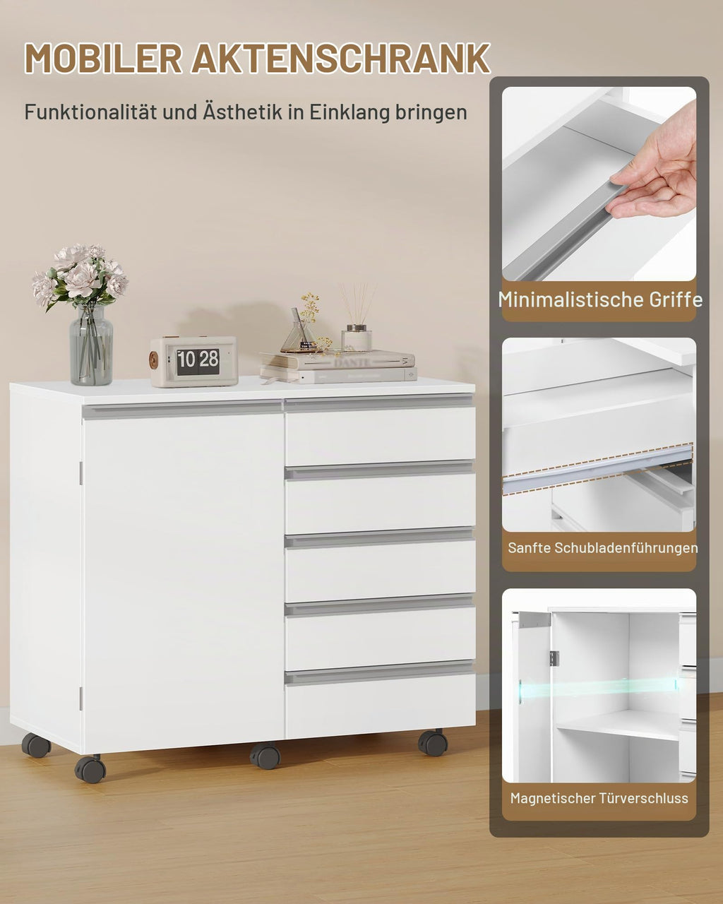Hzuaneri Rollcontainer 40x80x70cm 5 Schubl. Tür weiß