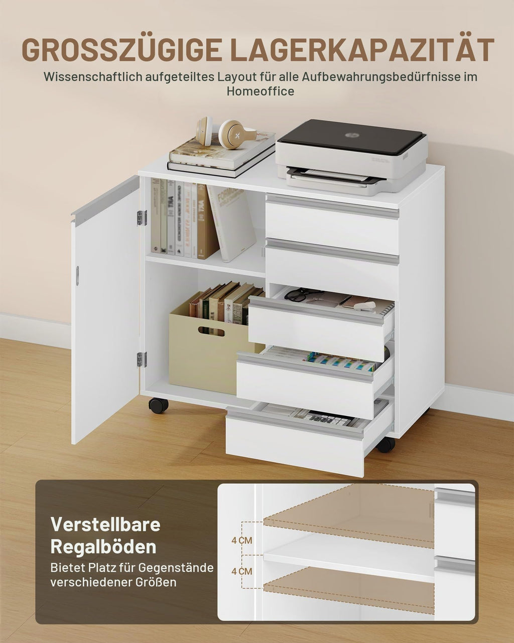 Hzuaneri Rollcontainer 40x80x70cm 5 Schubl. Tür weiß