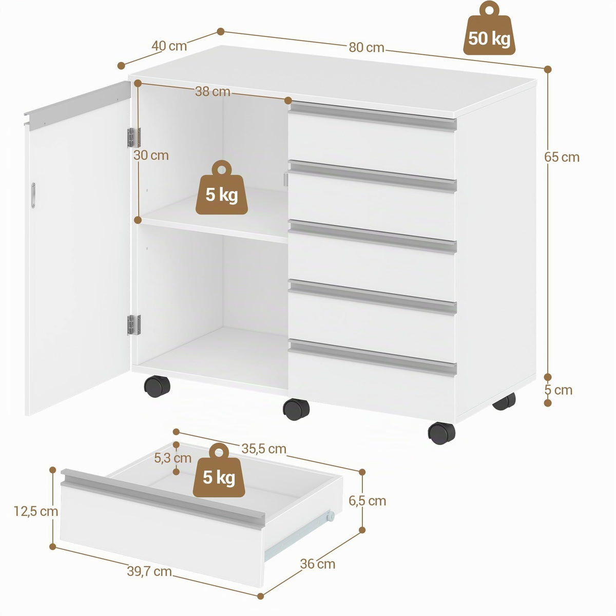 Hzuaneri Rollcontainer 40x80x70cm 5 Schubl. Tür weiß