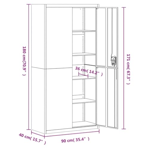 Aktenschrank Anthrazit aus pulverbeschichtetem Stahl 90x40x180 cm mit 4 Einlegeböden abschließbar für Büro und Homeoffice zur sicheren Aufbewahrung von Akten und Ordnern