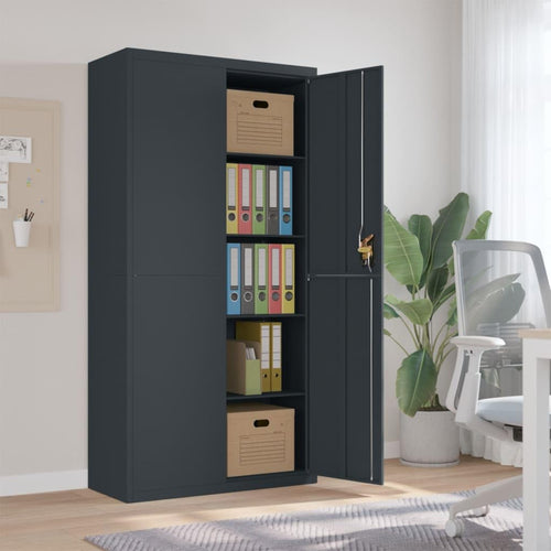 Aktenschrank Anthrazit aus pulverbeschichtetem Stahl 90x40x180 cm mit 4 Einlegeböden abschließbar für Büro und Homeoffice zur sicheren Aufbewahrung von Akten und Ordnern