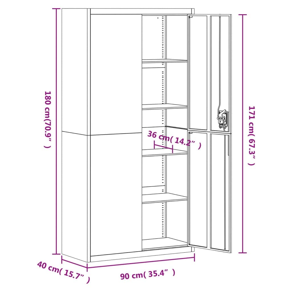 Aktenschrank Anthrazit aus pulverbeschichtetem Stahl 90x40x180 cm mit 4 Einlegeböden abschließbar für Büro und Homeoffice zur sicheren Aufbewahrung von Akten und Ordnern