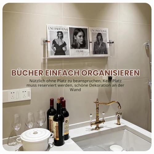 Prospekthalter Wand, Zeitschriftenhalter Wand Acryl Zeitschriftenregal Modern Zeitungsständer mit Dübel Schrauben Klebeschrauben für Bad Wohnzimmer Büro(40cm)