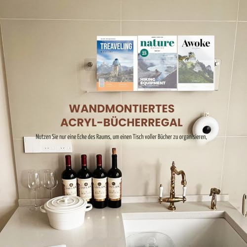 Prospekthalter Wand, Zeitschriftenhalter Wand Acryl Zeitschriftenregal Modern Zeitungsständer mit Dübel Schrauben Klebeschrauben für Bad Wohnzimmer Büro(40cm)