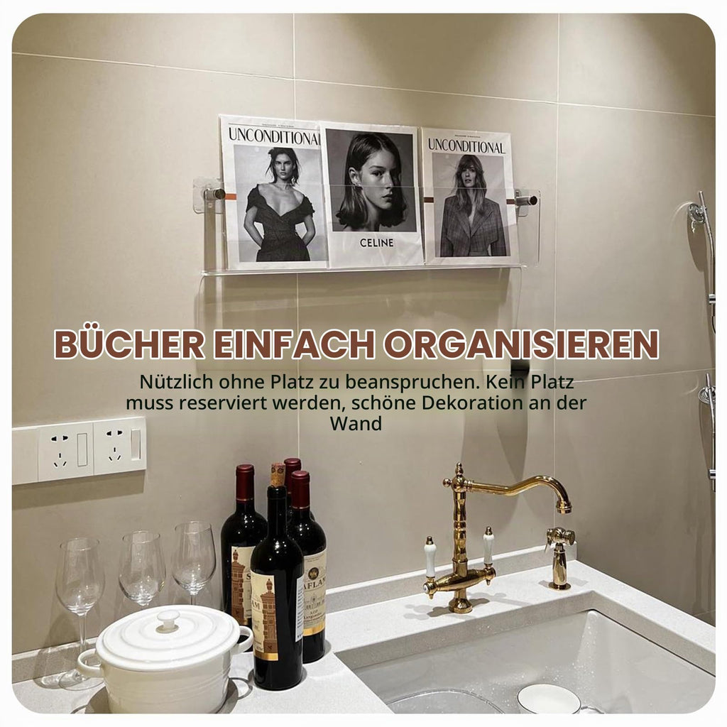 Prospekthalter Wand, Zeitschriftenhalter Wand Acryl Zeitschriftenregal Modern Zeitungsständer mit Dübel Schrauben Klebeschrauben für Bad Wohnzimmer Büro(40cm)