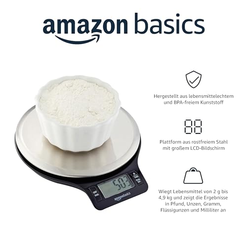 Amazon Basics Digitale Küchenwaage mit LCD-Anzeige (mit Batterien), Edelstahl, BPA-frei, Wiegt bis zu 11 Pfund, Schwarz