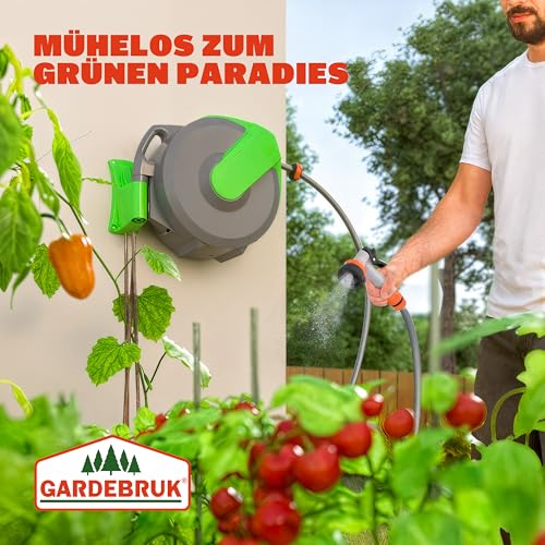 GARDEBRUK® Schlauchtrommel 20m + 2m mit Wandhalterung Garten 1/2' Multifunktions-Handbrause Schlauchführung Schlauchaufroller Wandschlauchbox