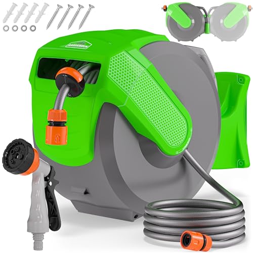 GARDEBRUK® Schlauchtrommel 20m + 2m mit Wandhalterung Garten 1/2' Multifunktions-Handbrause Schlauchführung Schlauchaufroller Wandschlauchbox