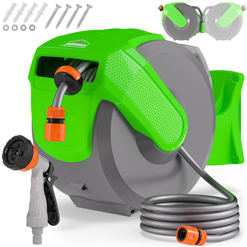 GARDEBRUK® Schlauchtrommel 20m + 2m mit Wandhalterung Garten 1/2' Multifunktions-Handbrause Schlauchführung Schlauchaufroller Wandschlauchbox