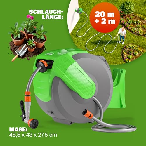 GARDEBRUK® Schlauchtrommel 20m + 2m mit Wandhalterung Garten 1/2' Multifunktions-Handbrause Schlauchführung Schlauchaufroller Wandschlauchbox