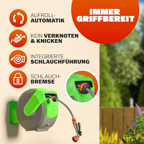 GARDEBRUK® Schlauchtrommel 20m + 2m mit Wandhalterung Garten 1/2' Multifunktions-Handbrause Schlauchführung Schlauchaufroller Wandschlauchbox