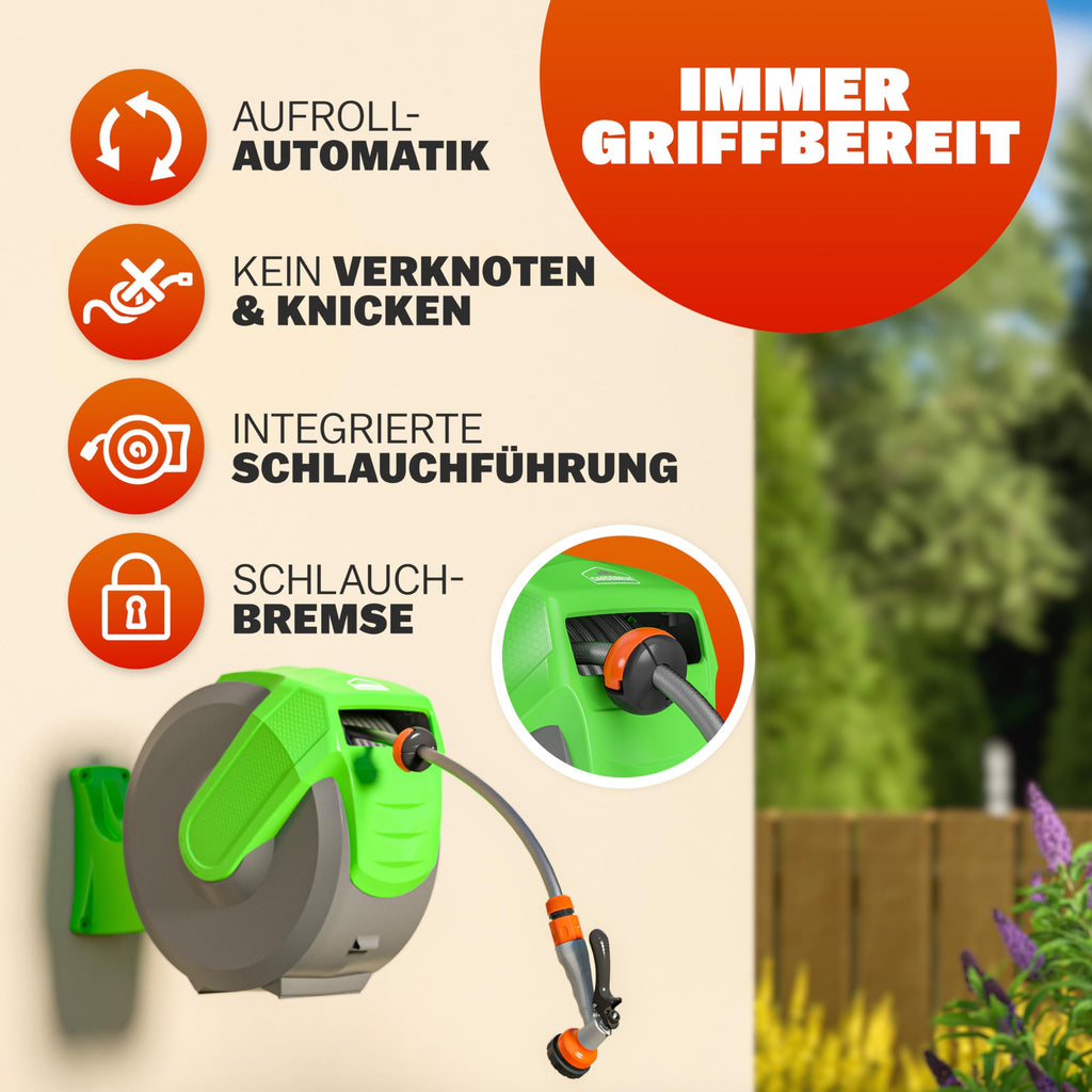 GARDEBRUK® Schlauchtrommel 20m + 2m mit Wandhalterung Garten 1/2' Multifunktions-Handbrause Schlauchführung Schlauchaufroller Wandschlauchbox