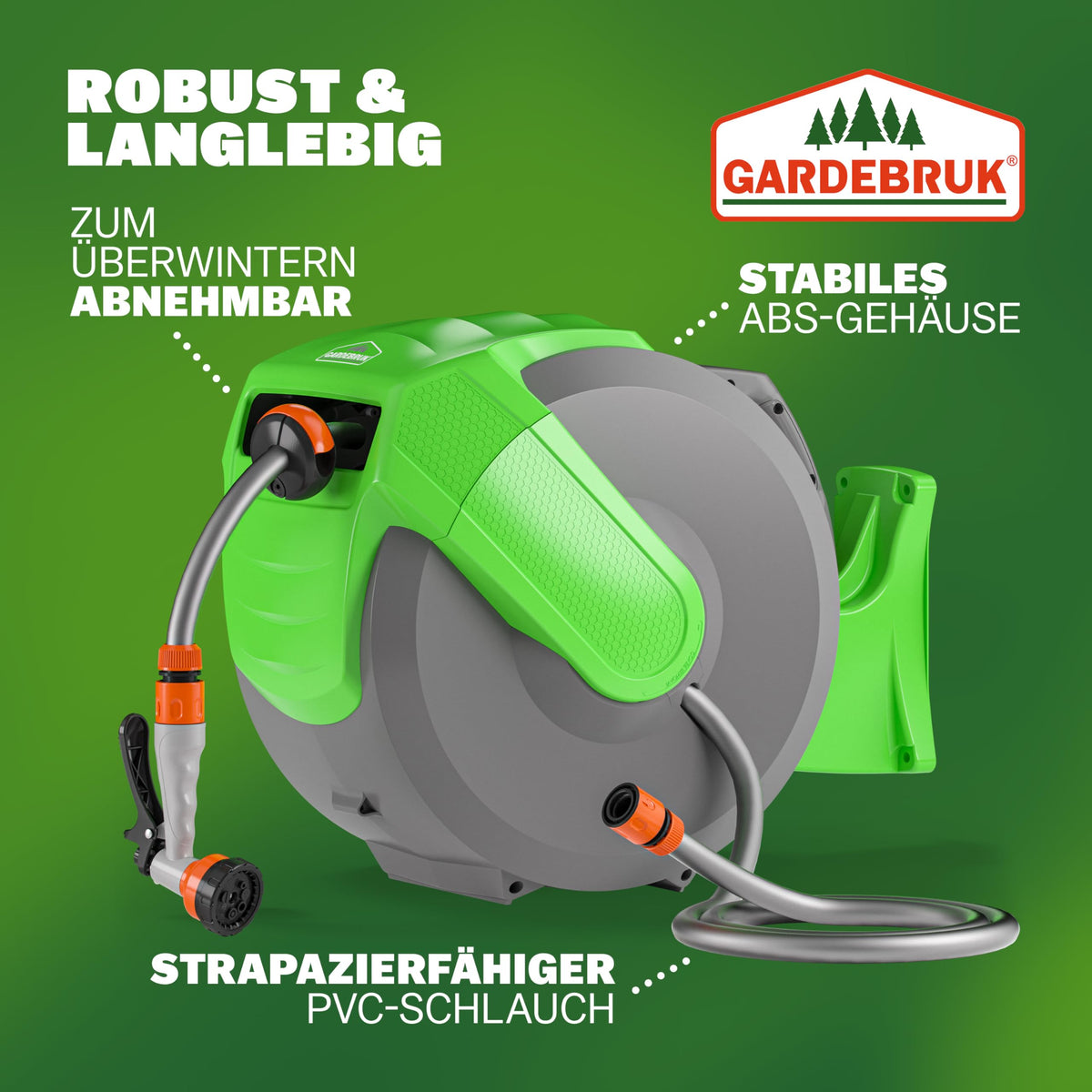 GARDEBRUK® Schlauchtrommel 20m + 2m mit Wandhalterung Garten 1/2' Multifunktions-Handbrause Schlauchführung Schlauchaufroller Wandschlauchbox
