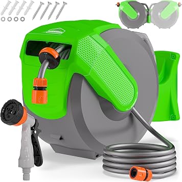 GARDEBRUK® Schlauchtrommel 20m + 2m mit Wandhalterung Garten 1/2' Multifunktions-Handbrause Schlauchführung Schlauchaufroller Wandschlauchbox