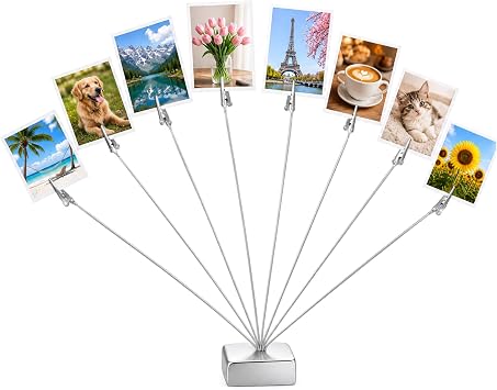 Fotohalter mit 8 Klammern Metall Fotoständer Zettelhalter Fotohalter, Memo Clip, Postkartenständer, Kartenhalter für Hochzeit, Party, Büro und Zuhause, Silber