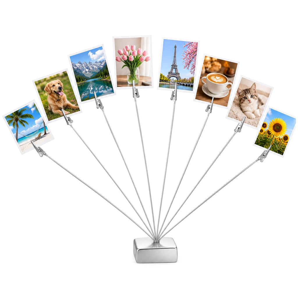 Fotohalter mit 8 Klammern Metall Fotoständer Zettelhalter Fotohalter, Memo Clip, Postkartenständer, Kartenhalter für Hochzeit, Party, Büro und Zuhause, Silber