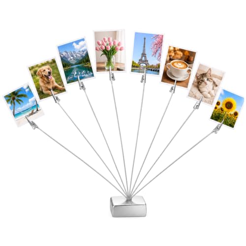 Fotohalter mit 8 Klammern Metall Fotoständer Zettelhalter Fotohalter, Memo Clip, Postkartenständer, Kartenhalter für Hochzeit, Party, Büro und Zuhause, Silber
